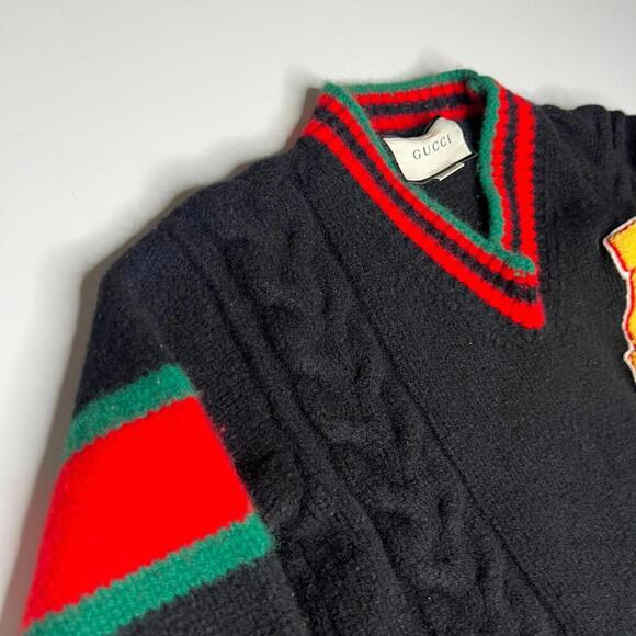 Gucci Wool Sweater XS Black Red Green Logo Patch Italy Made Pullover Preppy - Picture 9 of 12